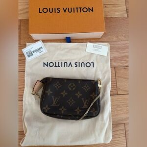 NWT Louis Vuitton Monogram Mini Pochette with Gold Chain